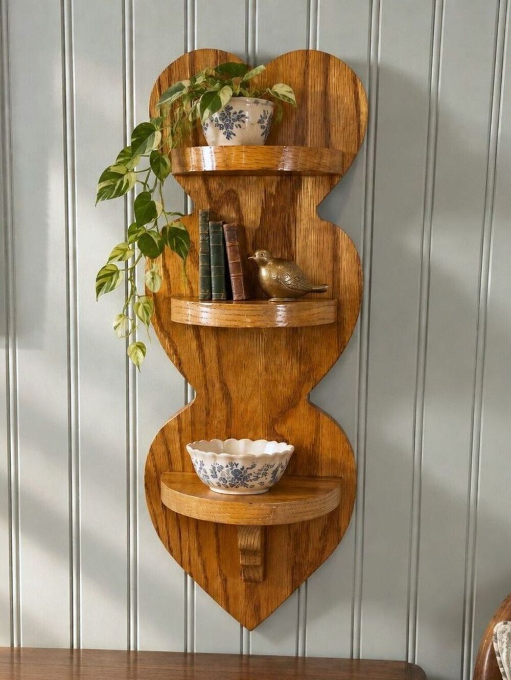 Vintage Wood Heart Three-Tier Wall Shelf